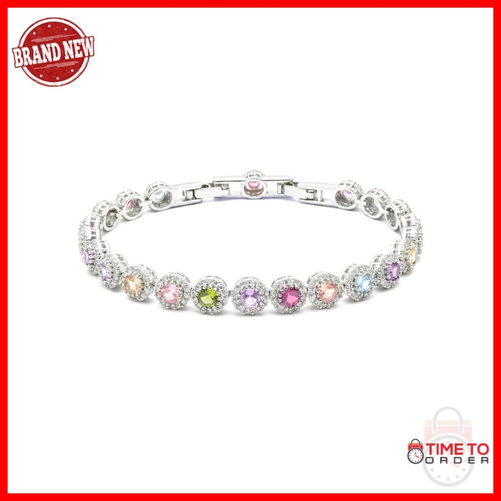 14K Gold Plated Tennis Bracelet with Gemstones, Adjustable 6.3" Length - Picture 1 of 7